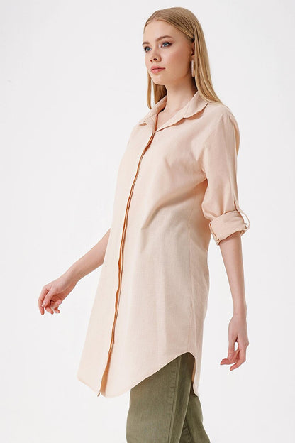 5885 Long Linen Shirt - Beige