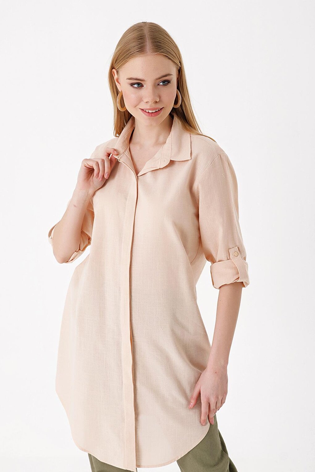 5885 Long Linen Shirt - Beige