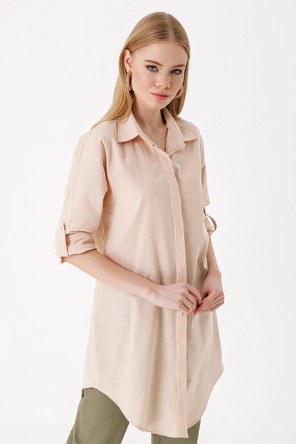 5885 Long Linen Shirt - Beige