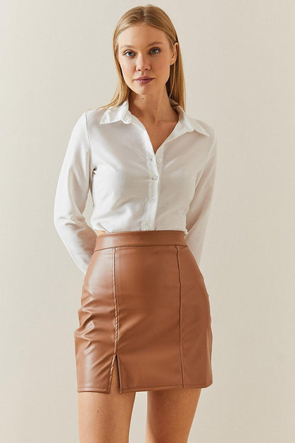 Tan High Waist Slit Leather Look Mini Skirt