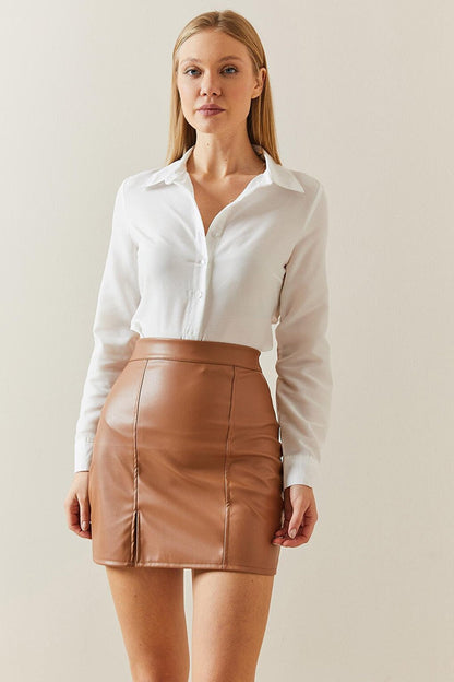 Tan High Waist Slit Leather Look Mini Skirt