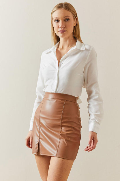 Tan High Waist Slit Leather Look Mini Skirt