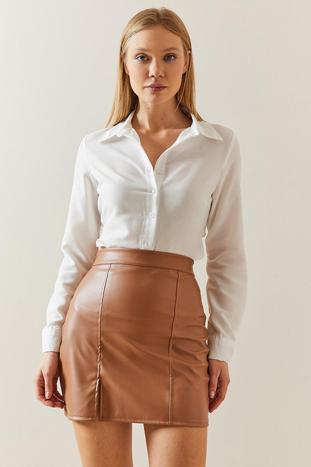 Tan High Waist Slit Leather Look Mini Skirt