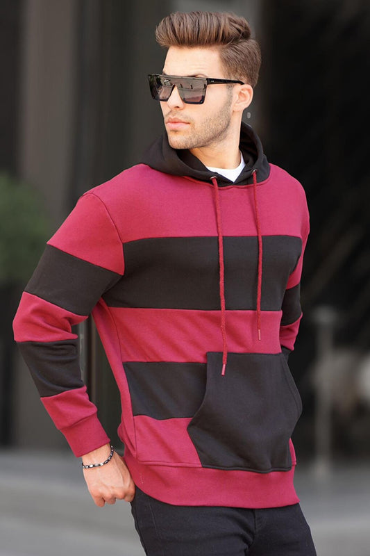 Claret Red Hooded Striped Men's Sweatshirt 6144