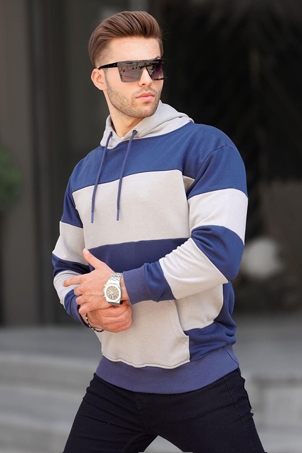 Navy Blue Hooded Striped Men's Sweatshirt 6144