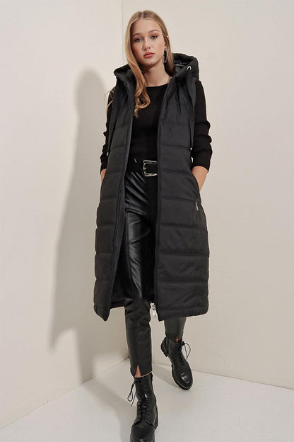 Women's Black Hooded Long Puffer Vest