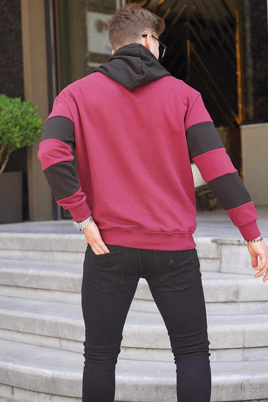 Claret Red Hooded Striped Men's Sweatshirt 6144