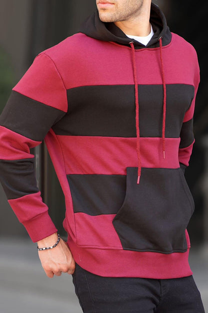 Claret Red Hooded Striped Men's Sweatshirt 6144