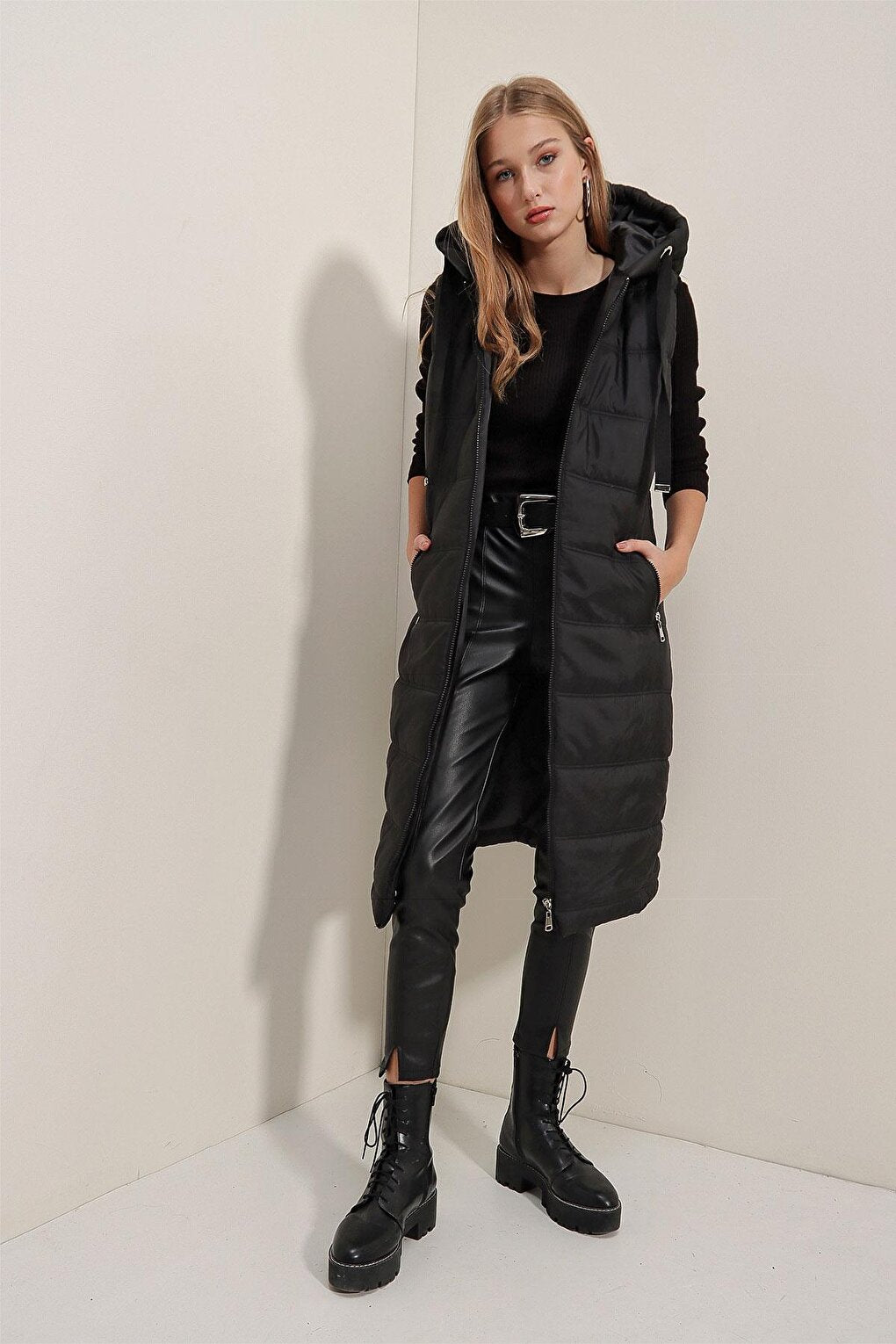 Women's Black Hooded Long Puffer Vest