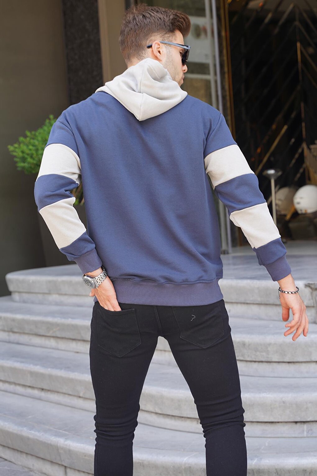 Navy Blue Hooded Striped Men's Sweatshirt 6144