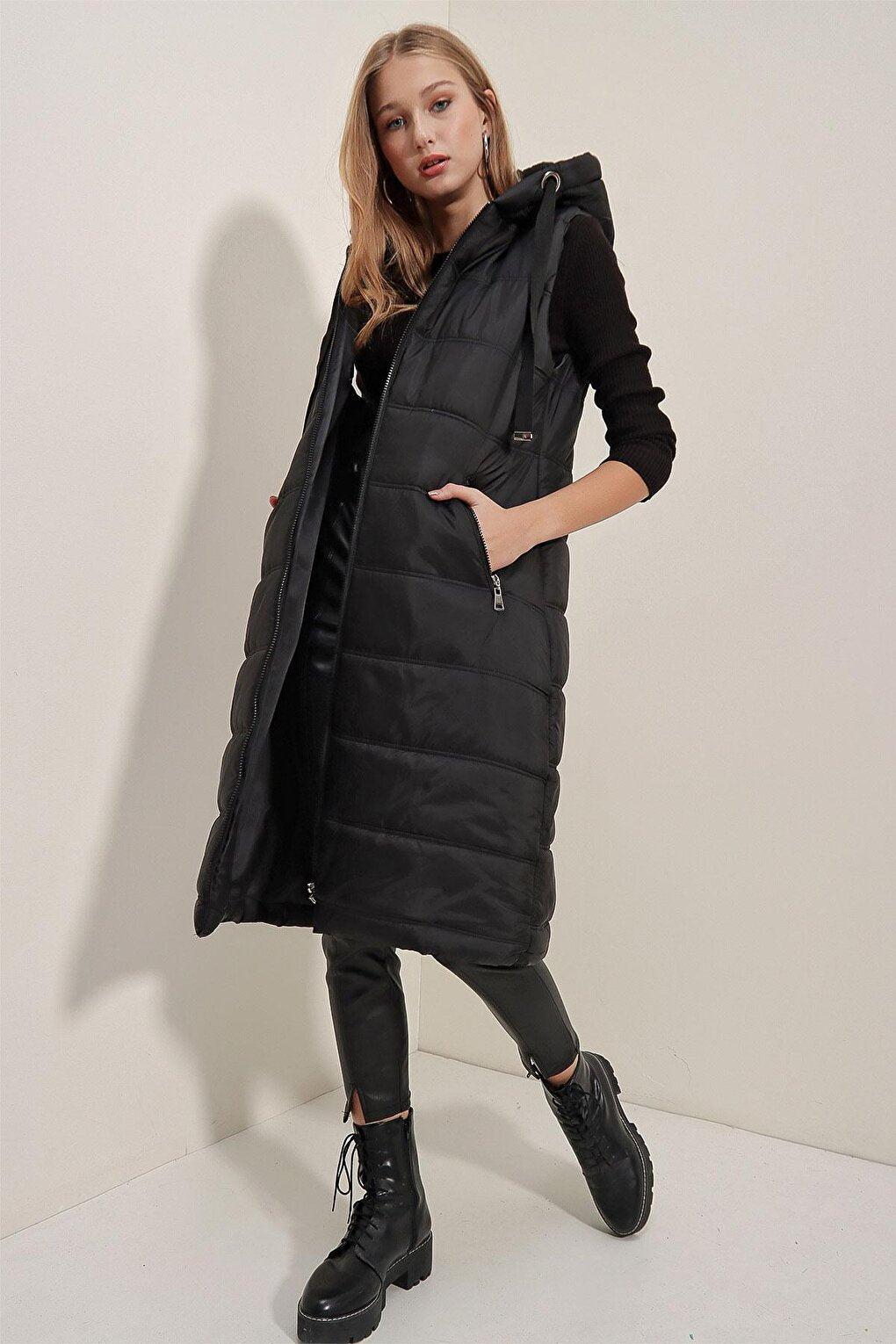 Women's Black Hooded Long Puffer Vest