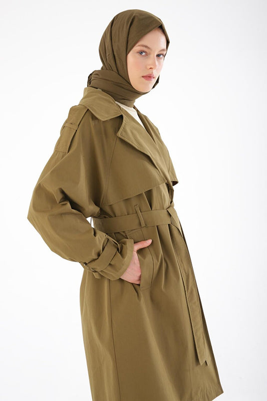 Khaki Belted Snap Oversize Trench Coat