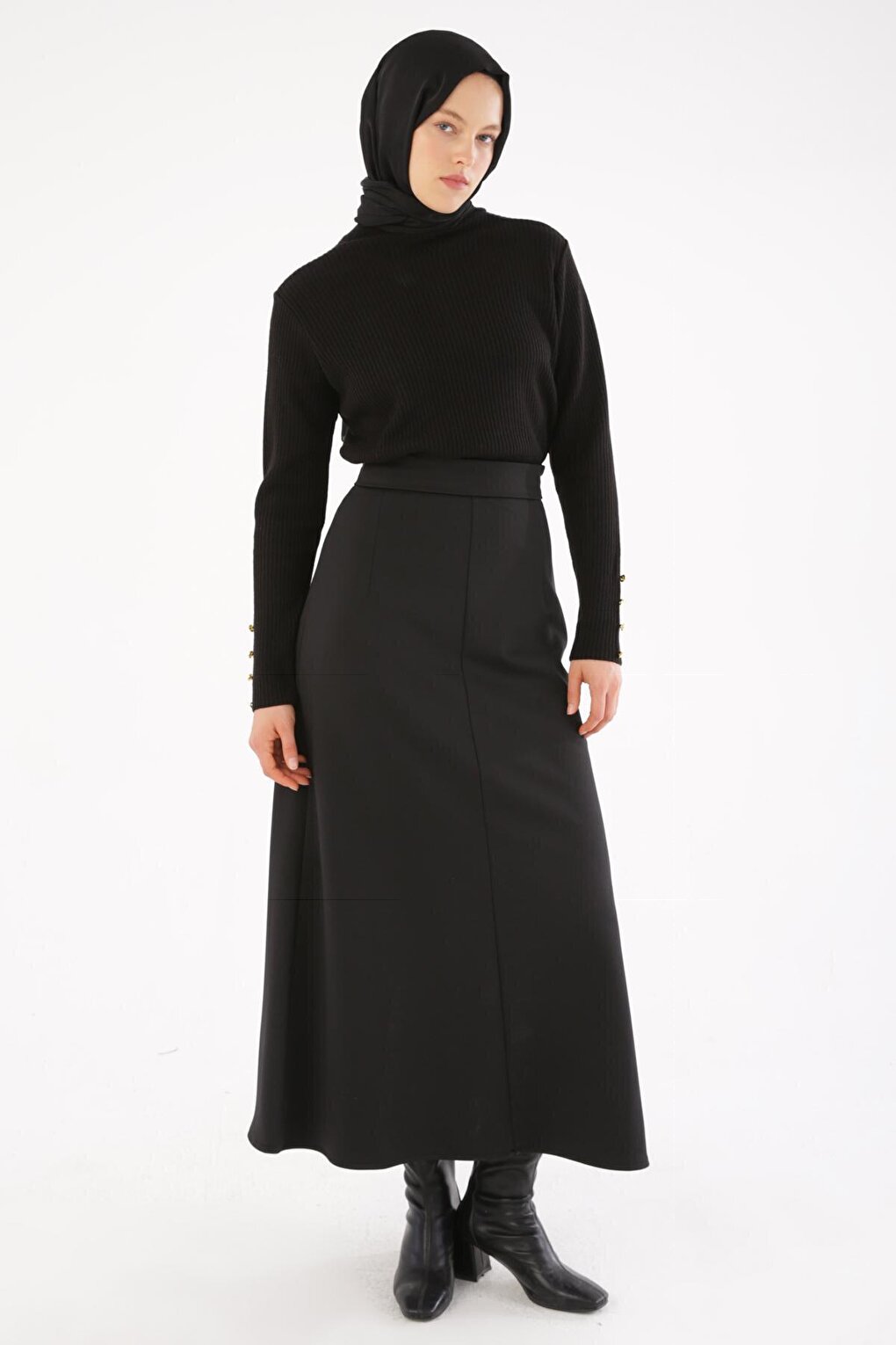 Black Darted Half A-Line Skirt with Side Zipper