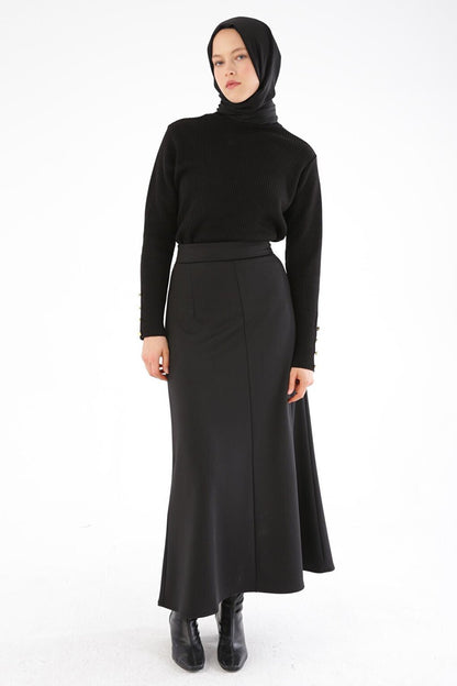 Black Darted Half A-Line Skirt with Side Zipper