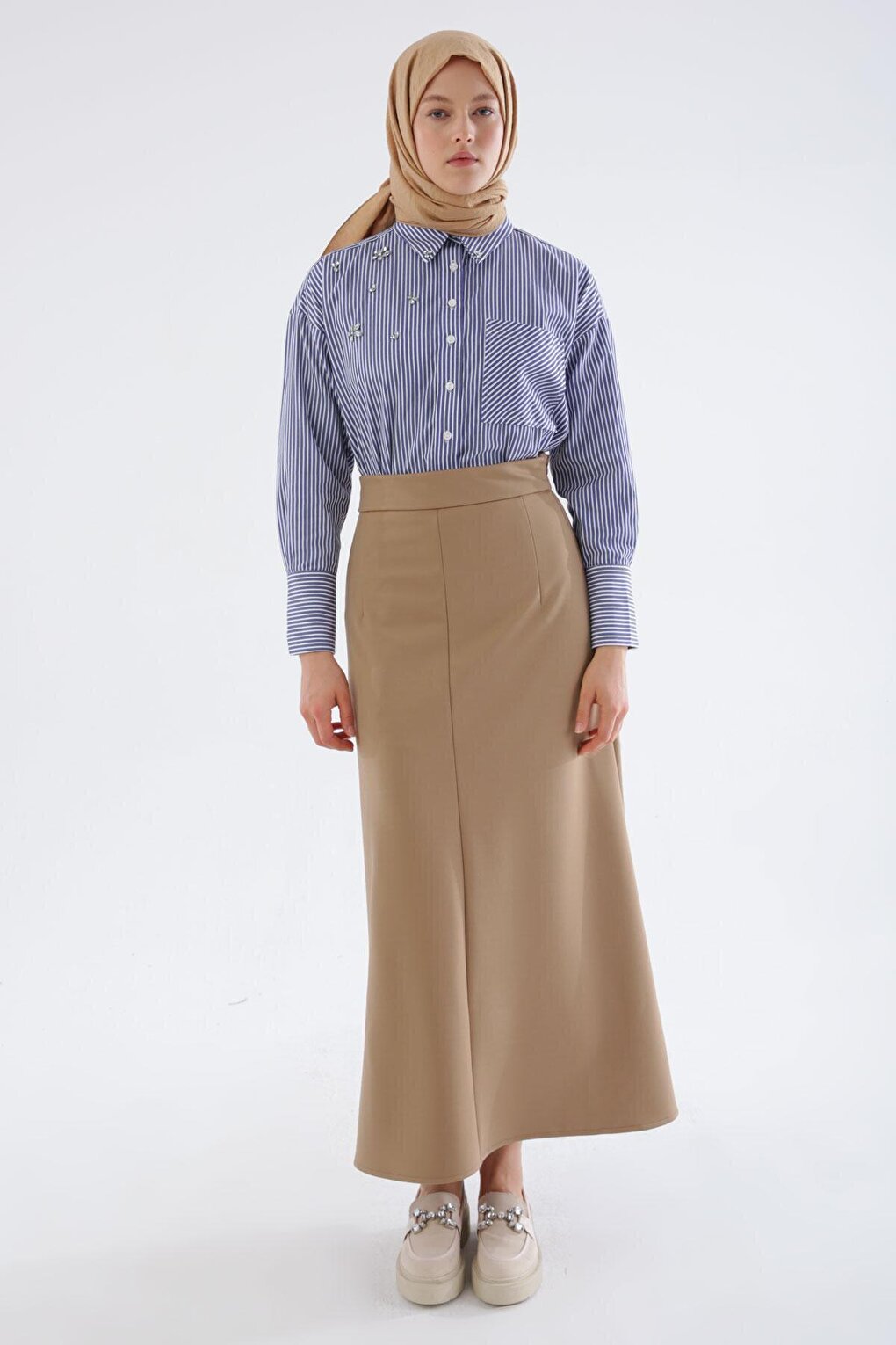 Half A-Line Skirt with Camel Darts and Side Zipper