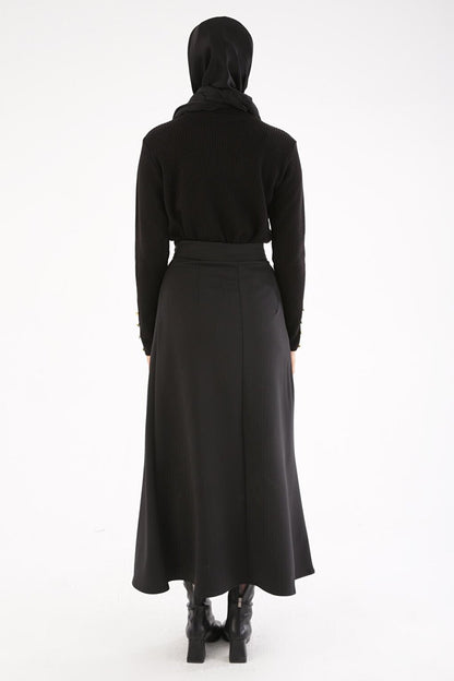 Black Darted Half A-Line Skirt with Side Zipper