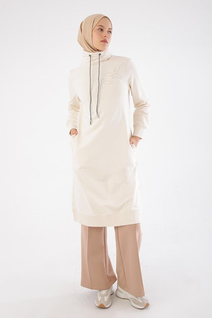 Ecru Chain Embroidered High Collar Tunic