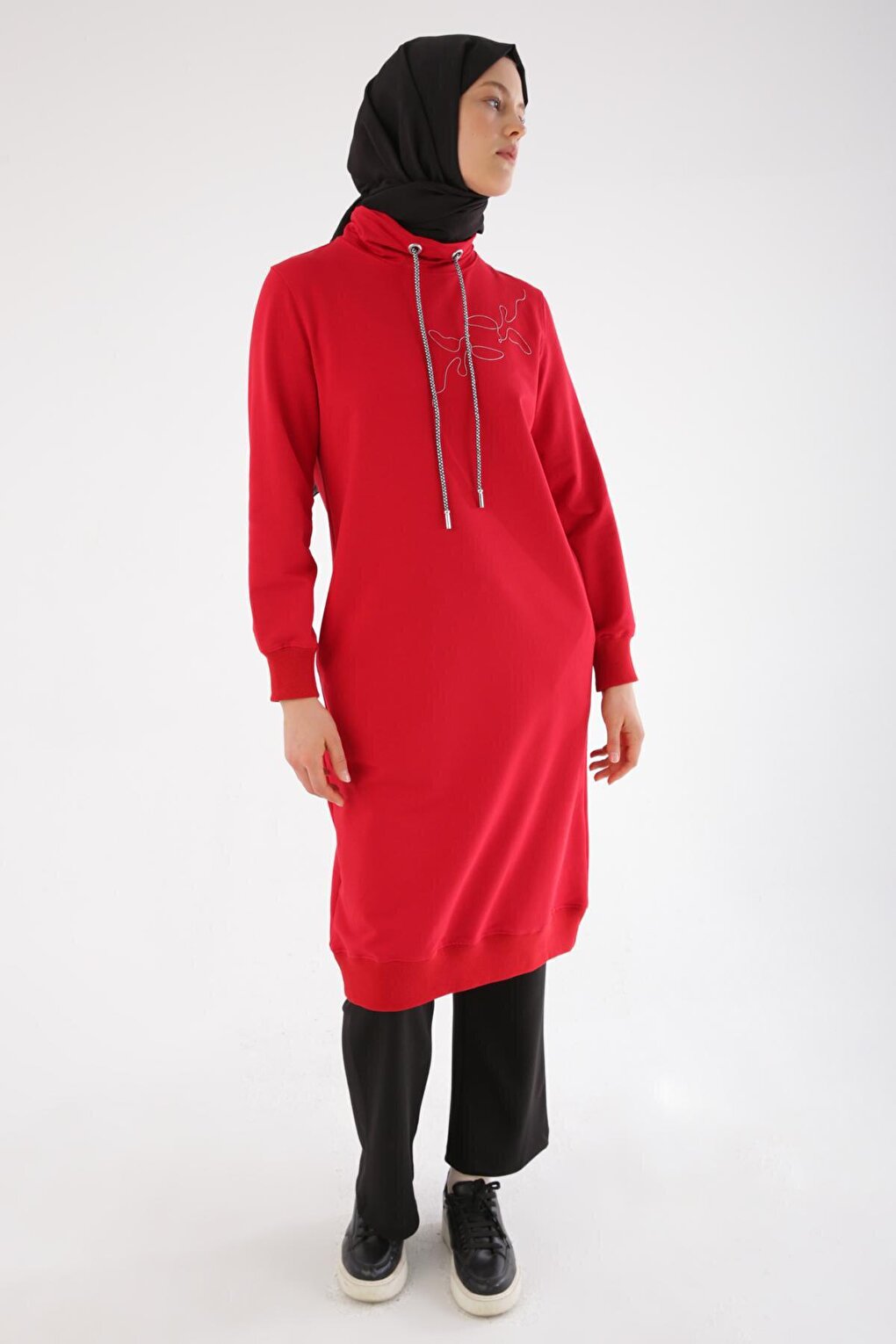 Red Chain Embroidered High Collar Tunic