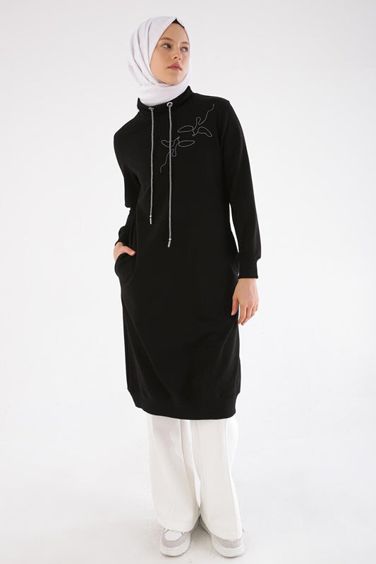 Black Chain Embroidered High Collar Tunic