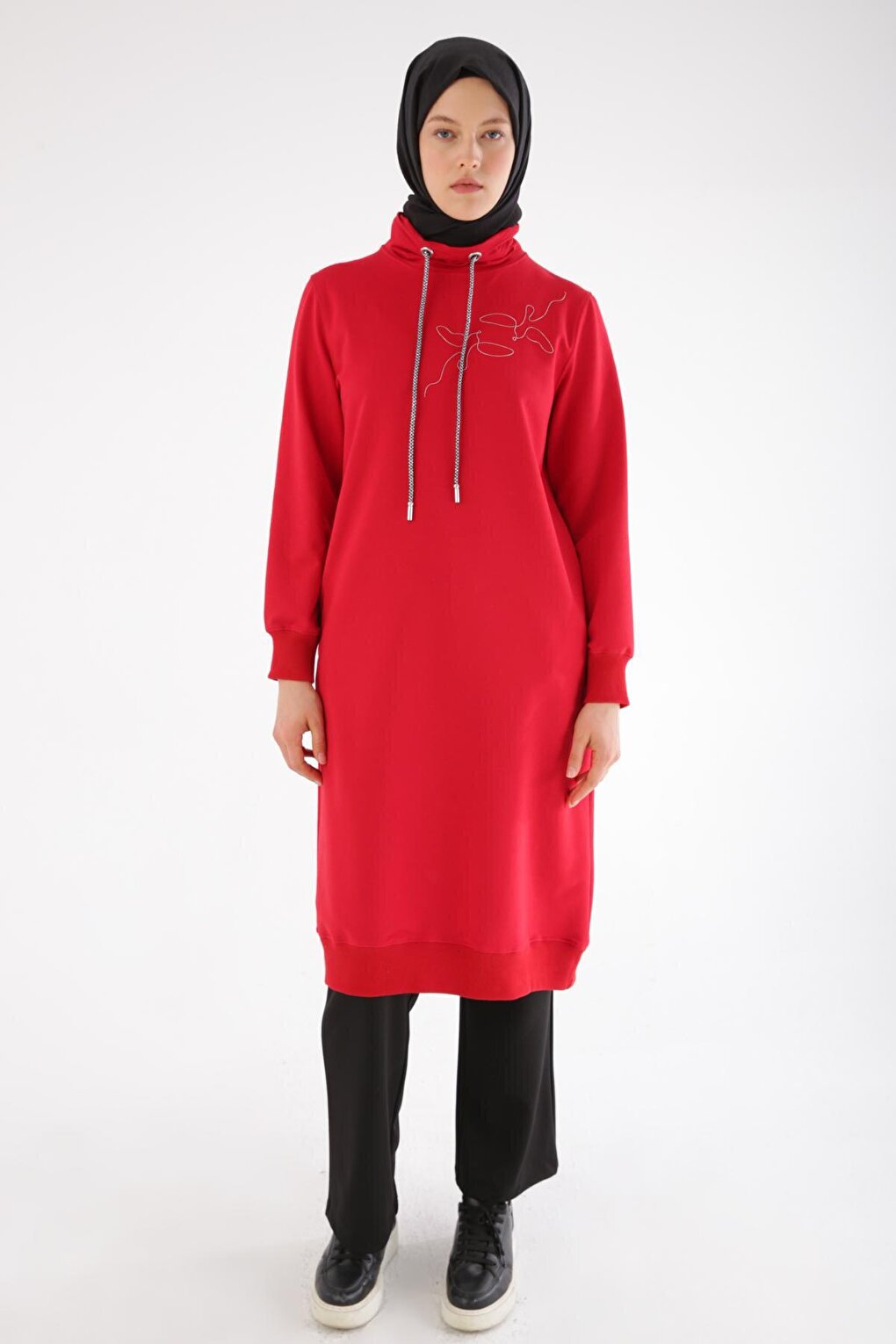 Red Chain Embroidered High Collar Tunic