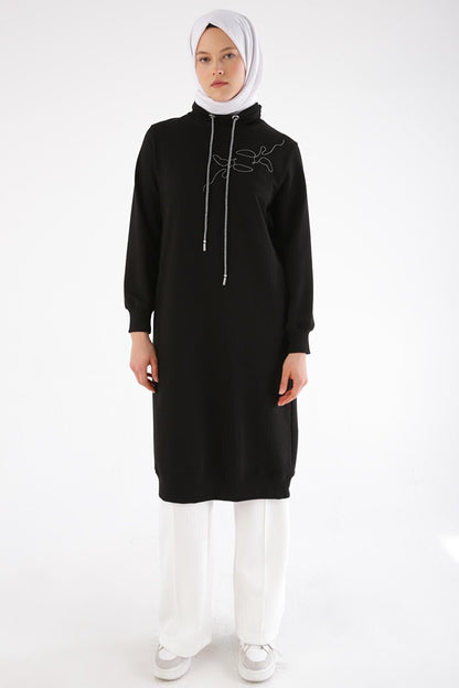 Black Chain Embroidered High Collar Tunic