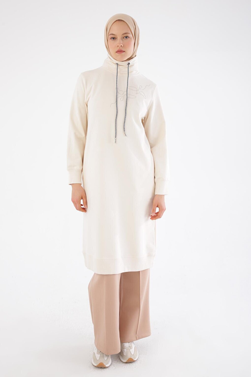 Ecru Chain Embroidered High Collar Tunic