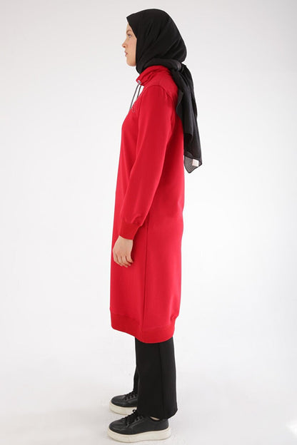 Red Chain Embroidered High Collar Tunic