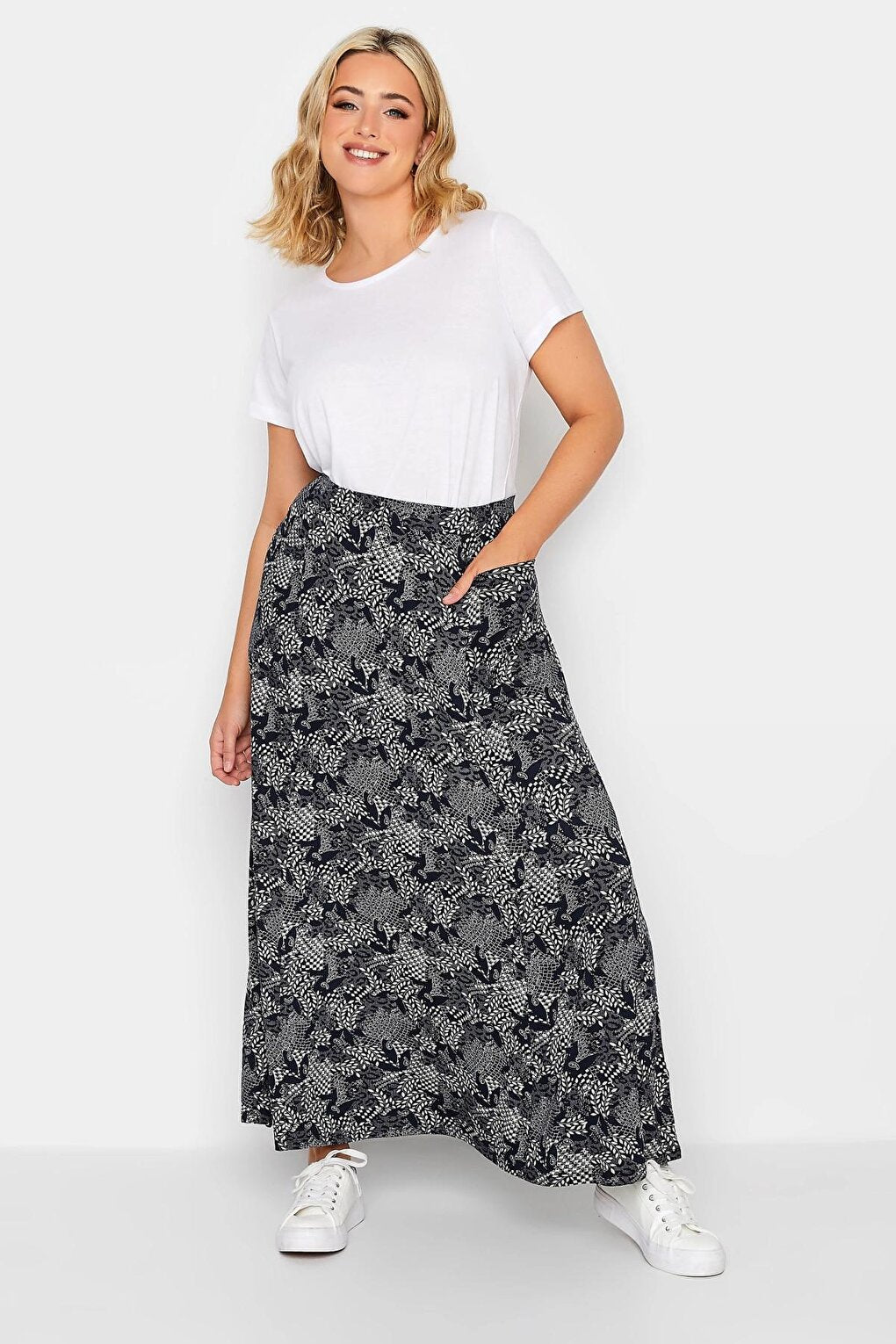 Plus Size Pocket Detailed Patterned Long Cut Skirt with Elastic Waist 160234