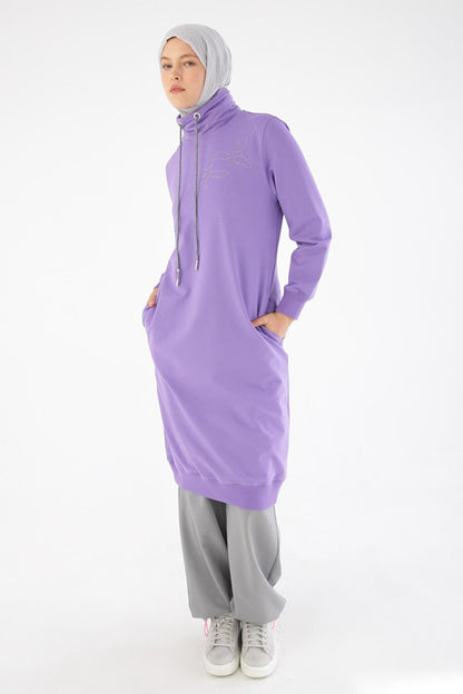 Lilac Chain Embroidered High Collar Tunic