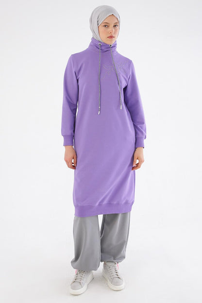 Lilac Chain Embroidered High Collar Tunic