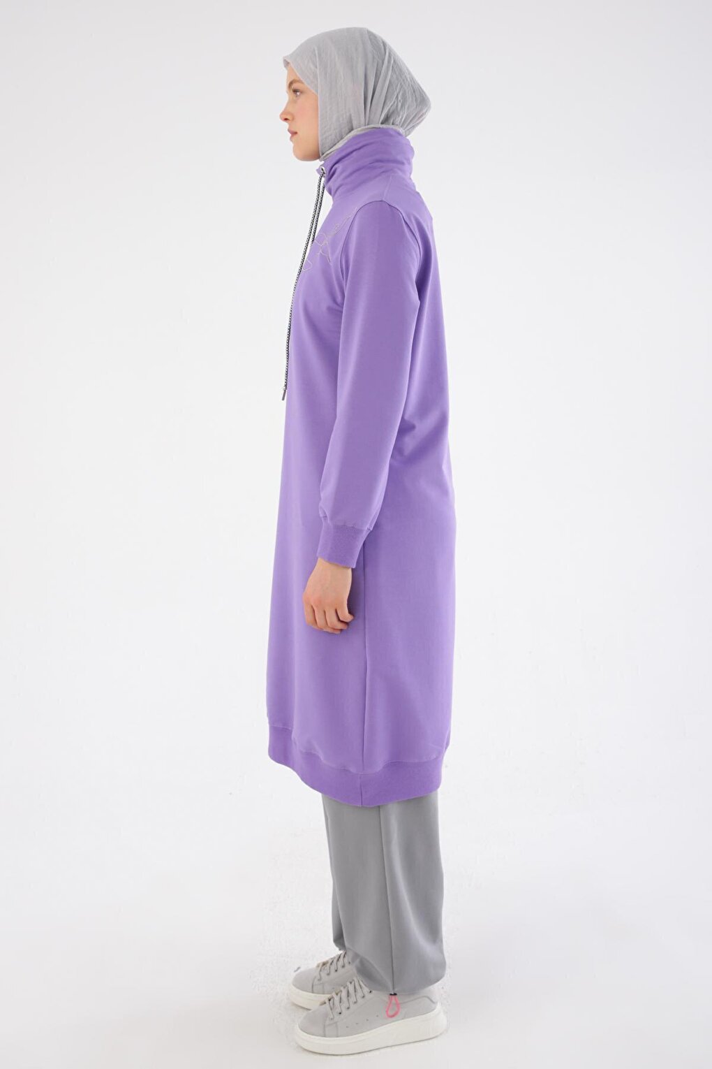 Lilac Chain Embroidered High Collar Tunic