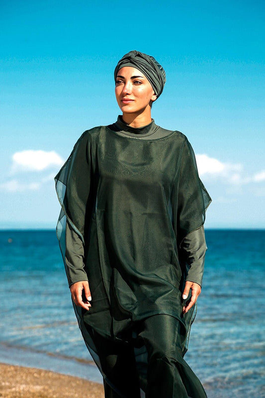 Marina Khaki Hijab Swimsuit Over Kaftan Kimono Pareo P2202