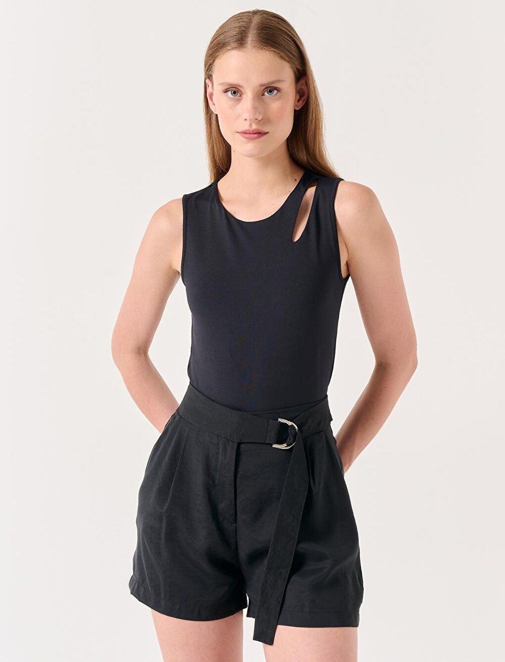 Black Straight Cut Normal Waist Plain Voile Shorts