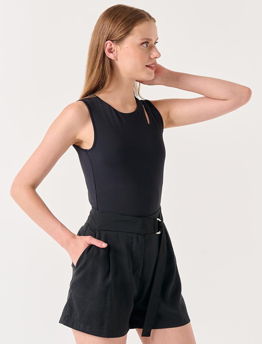 Black Straight Cut Normal Waist Plain Voile Shorts