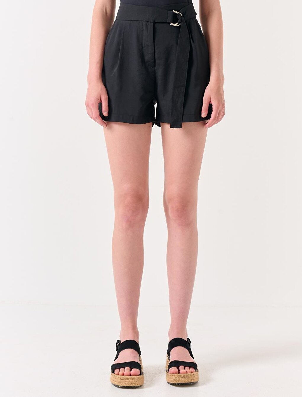 Black Straight Cut Normal Waist Plain Voile Shorts