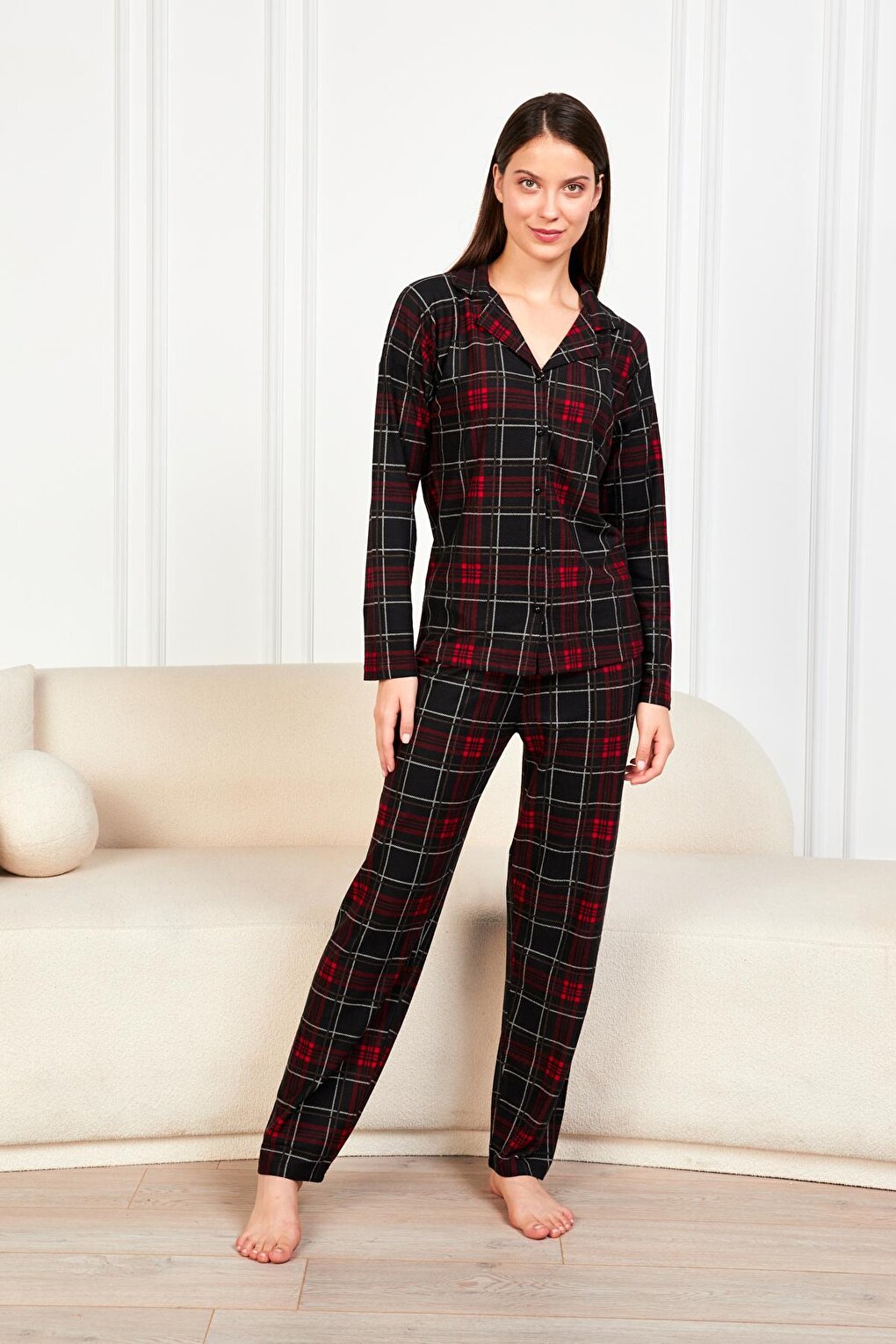 Women's Black Plaid Suede Buttoned Baby Collar Long Sleeve Long Bottom Pajama Set