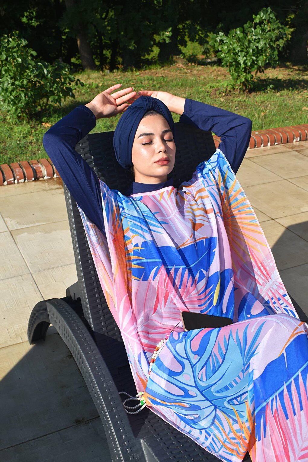 Marina Leaf Patterned Kaftan Kimono Pareo on Hijab Swimsuit P2109