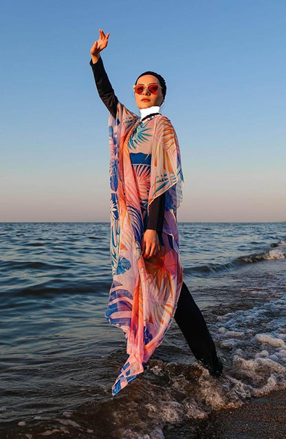 Marina Leaf Patterned Kaftan Kimono Pareo on Hijab Swimsuit P2109