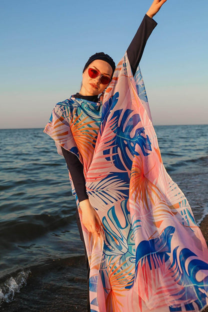 Marina Leaf Patterned Kaftan Kimono Pareo on Hijab Swimsuit P2109