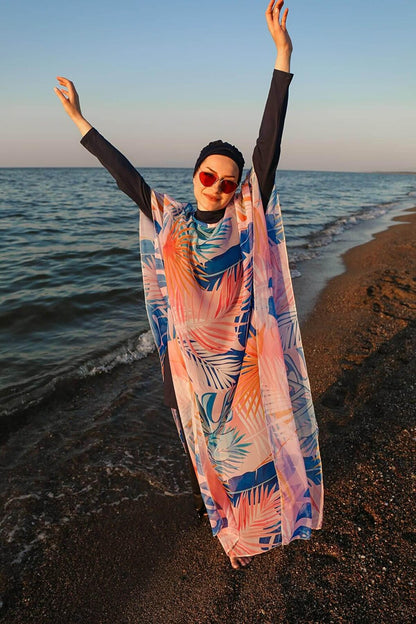 Marina Leaf Patterned Kaftan Kimono Pareo on Hijab Swimsuit P2109