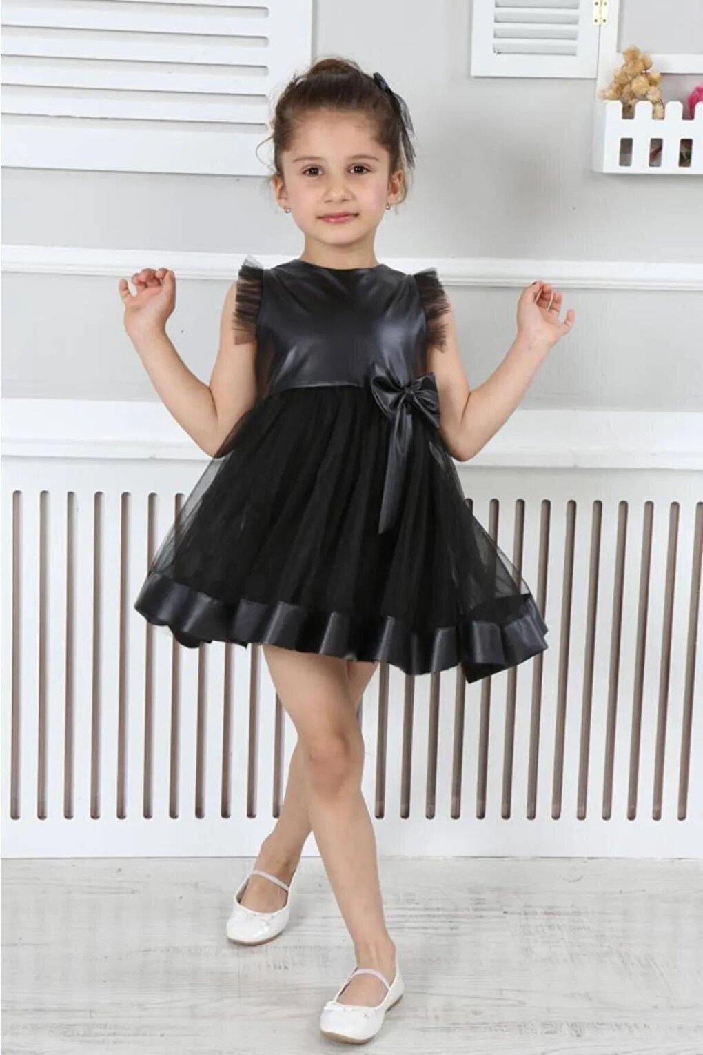 Shine Ribbon Black Leather Girls' Evening Dress