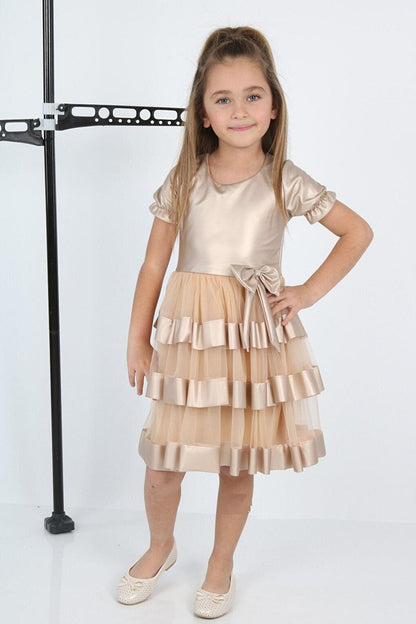 Shine Tulle Leather Gold Girls' Evening Dress