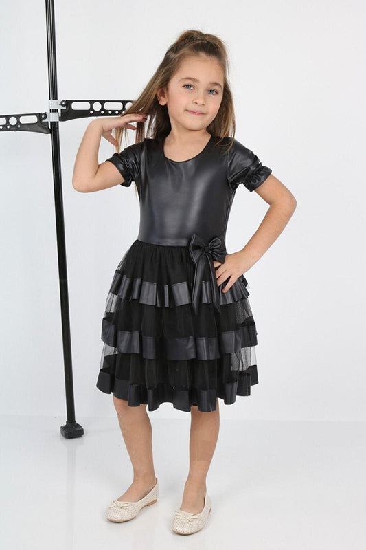 Shine Tulle Leather Black Girls' Evening Dress