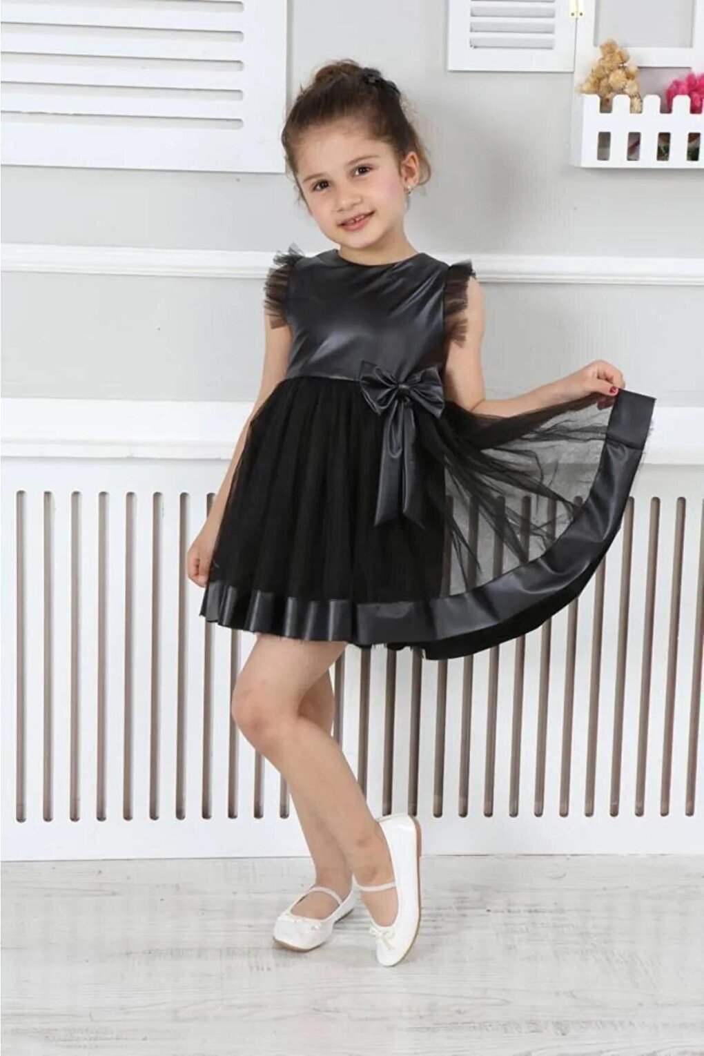 Shine Ribbon Black Leather Girls' Evening Dress