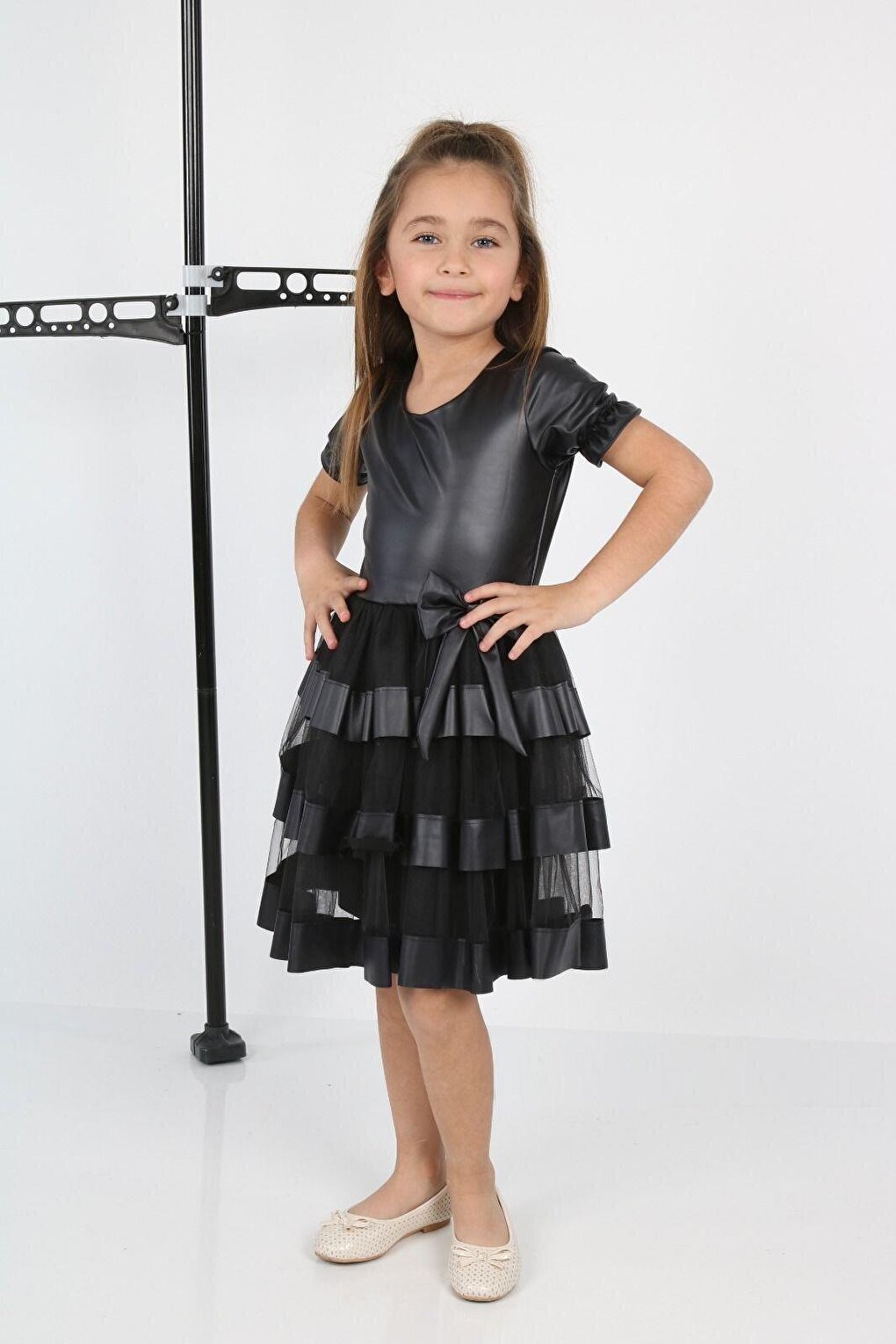 Shine Tulle Leather Black Girls' Evening Dress