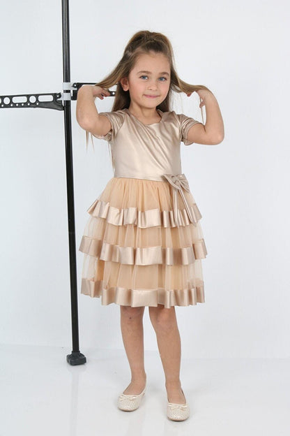 Shine Tulle Leather Gold Girls' Evening Dress