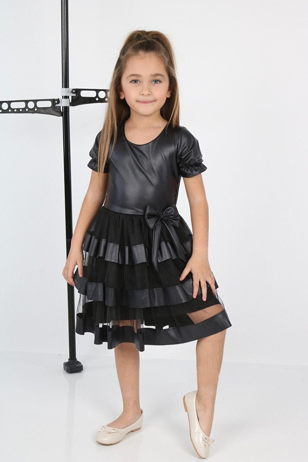 Shine Tulle Leather Black Girls' Evening Dress