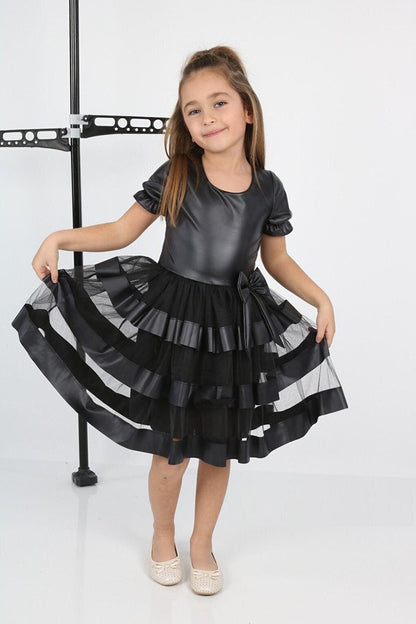 Shine Tulle Leather Black Girls' Evening Dress