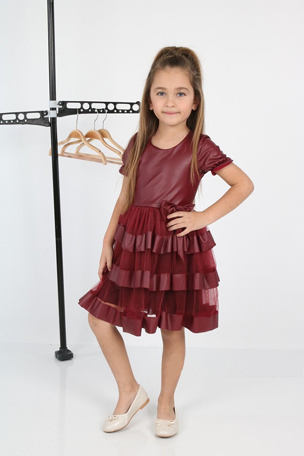 Shine Tulle Leather Burgundy Girls' Evening Dress