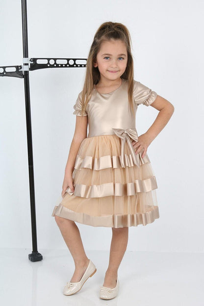 Shine Tulle Leather Gold Girls' Evening Dress